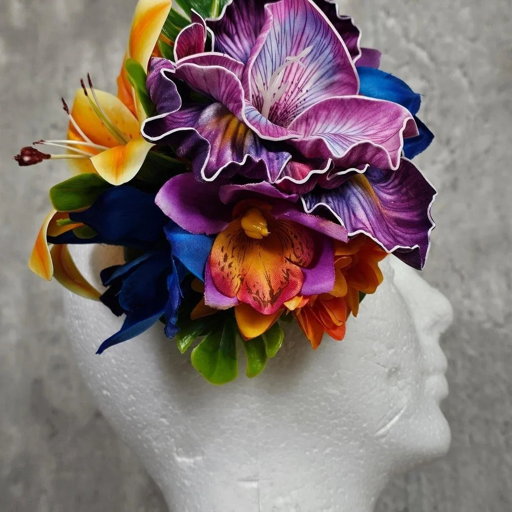 Handmade Tropical Floral Hair Clip Fascinator‎ Orchid Lily Tiki Burlesque